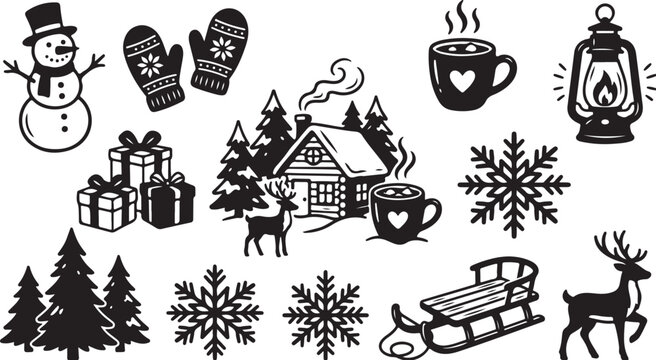 Winter Holiday Icons and Symbols in Black and White