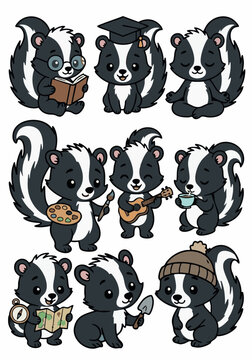 Cute cartoon skunk character set with different hobbies reading painting and playing music