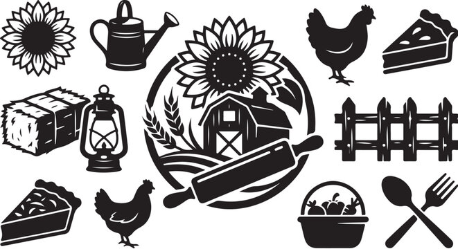 Farm Fresh Icons and Symbols in Black and White