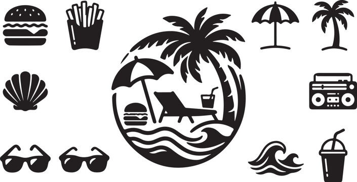 Summer Vacation Icons and Beach Symbols Illustration Set