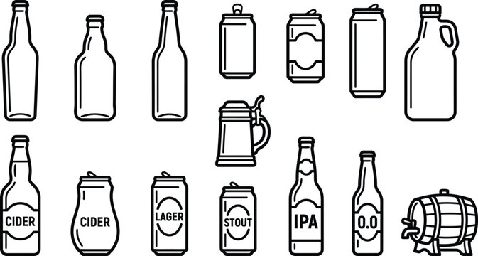 Black outline of beer bottles, cans, kegs, and stein on white background, cider