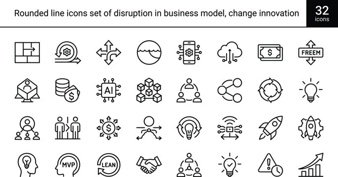 Business Model Disruption Change Innovation Icon Set With Startup Strategy Technology Growth And Transformation Symbols