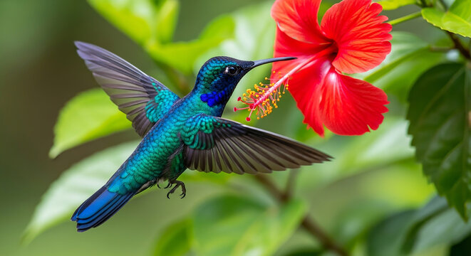 Hummingbird, green, flying, near red hibiscus flower, tropical