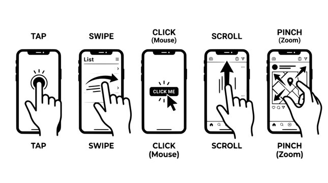 Smartphone touch gestures icons set with tap swipe click scroll and pinch zoom for UI navigation featuring user interface, interaction, touchscreen