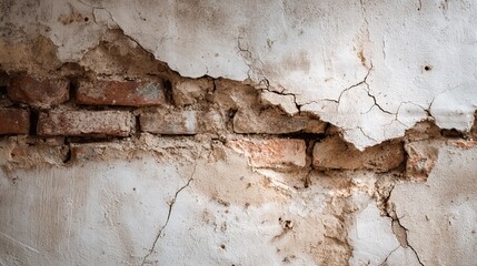 Fototapeta premium A close-up view of a damaged wall with exposed brick and cracked plaster