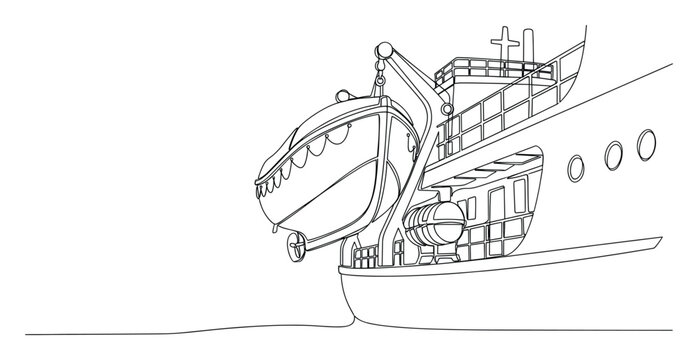 Line drawing of a ship with a lifeboat hanging from davits, perfect for maritime safety and travel
