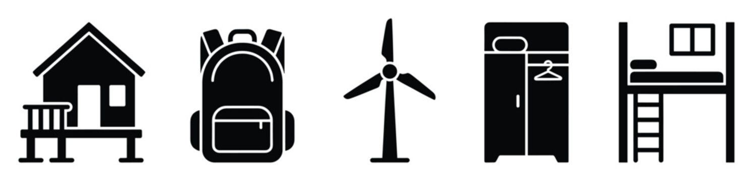 Set of essential glyph icons for outdoor adventures, eco living, and home decor concepts