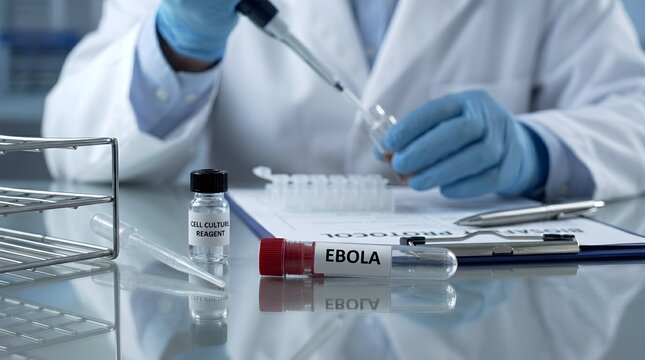 Scientist in lab coat and gloves working with test tubes and pipette in medical laboratory setting with ebola sample