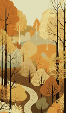 Cozy fall park scenery with stylized woods and winding trail background