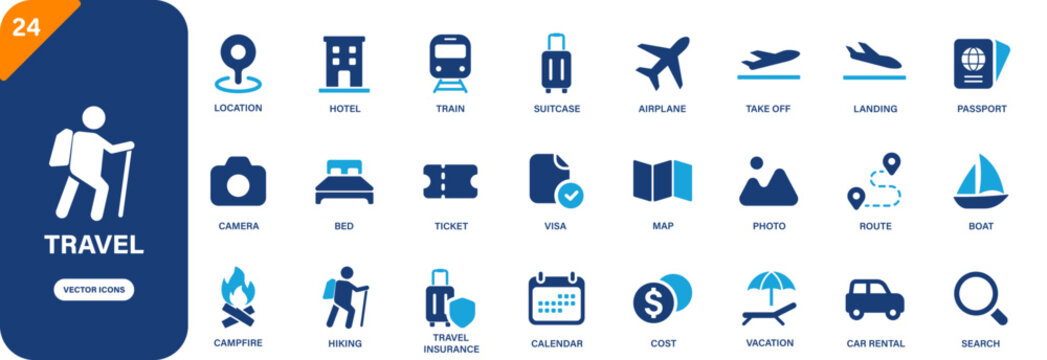 Travel icon collection featuring suitcase, passport, hotel, vacation and airplane symbols. Solid vector icons.