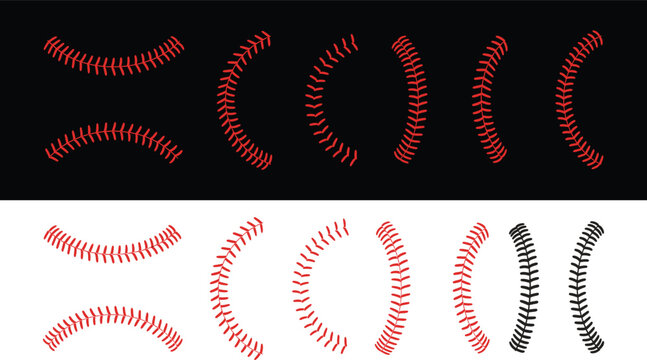 Baseball stitching seam collection, sport ball lace vector illustrations, athletic equipment design elements for game branding projects