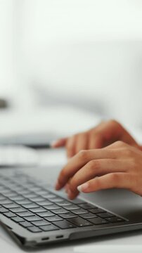 Typing, hands or person with laptop in agency, writing proposal objective or research for action plan. Task scope, timeline and project manager with pc for execution outline, editing draft and space