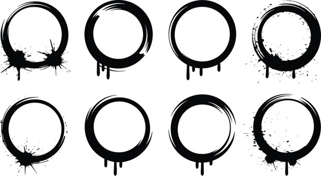 Grunge circle brush frames, ink splash paint ring collection, abstract distressed stamp borders for artistic vector design elements