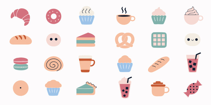 Collection of flat bakery icons with desserts and coffee drinks.