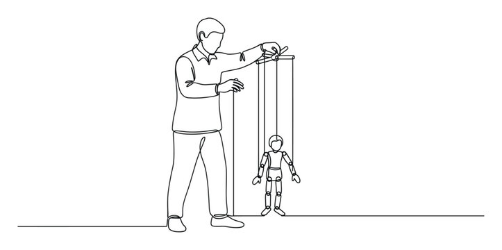 Man operating a marionette puppet symbolizing control and manipulation for conceptual use
