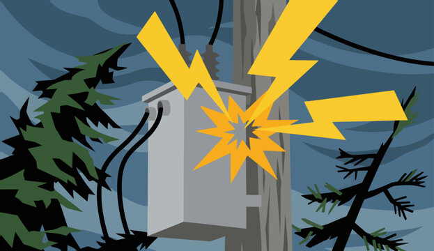Dramatic illustration depicts a transformer experiencing a short circuit hazard. Bold yellow lightning emphasizes the danger against a dark, stormy backdrop.  Clear, impactful visual.