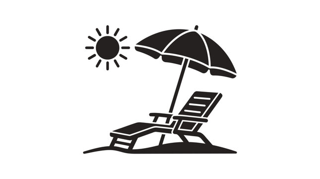 Beach chair with umbrella and sun black and white silhouette