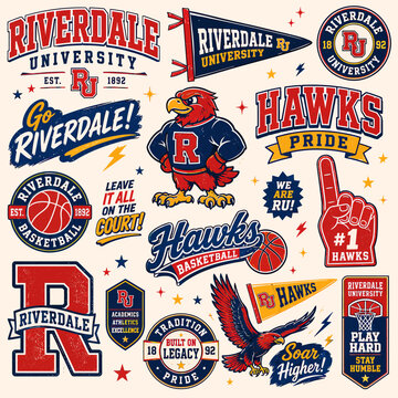 A collection of vintage-style Riverdale University and Hawks sports team graphic elements, including mascots, logos, banners, and basketball themes.