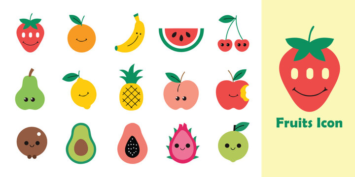 Cute fruit icons set with smiling faces in flat vector style including strawberry orange banana watermelon cherry pear lemon pineapple peach apple and tropical variety.