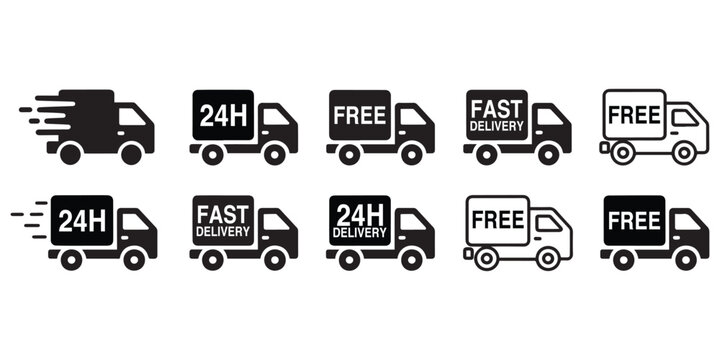 Delivery Truck Icon Set Fast Free 24H Shipping Service Symbol Vector Black