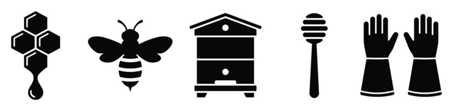 Set of beekeeping and honey icons featuring honeycomb bee beehive honey dipper and gloves