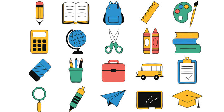 Set of colorful school icons and educational elements in grid layout for student learning and classroom activities.