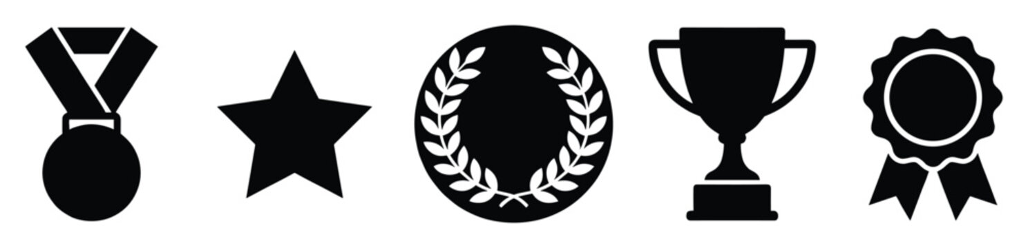 Set of award icons including medal star laurel wreath trophy and rosette for recognition and