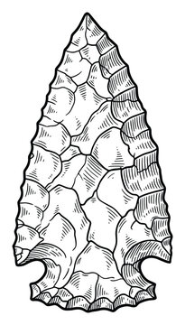 Engraved stone arrowhead depicting primitive hunting tools for historical and educational use