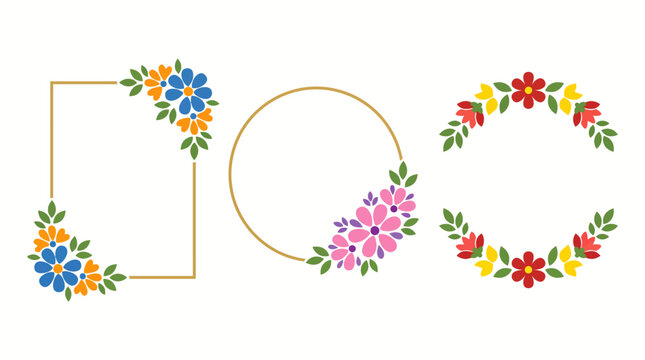 Set of three decorative floral frames featuring square, circular, and ring borders with colorful illustrated flowers for invitations, banners, and design projects.