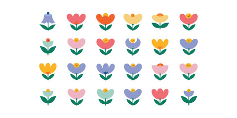 Obraz premium Set of cute flat vector flowers with simple smiling faces.