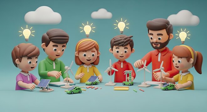 Diverse Family Collaborating on Science Projects With Solar Cars and Wind Turbines on Blue Table