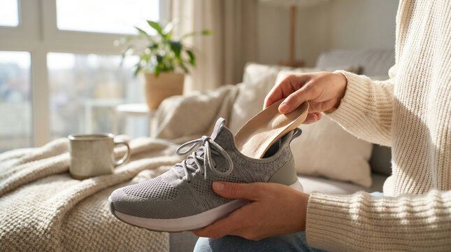Young woman sitting on a cozy home sofa, carefully putting a custom orthopedic insole into her modern sneaker. Healthcare, foot comfort and active lifestyle concept.