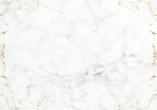 Fondo elegante con marco dorado Art Nouveau y textura de m&aacute;rmol blanco.