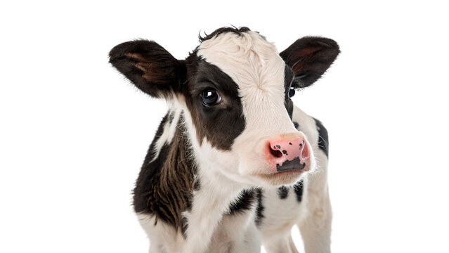 A close up portrait headshot of a cute black and white domestic cow calf isolated on transparent background cut out