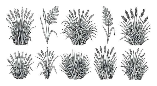 Set of various grain and marsh grass plants in black outline drawing for botanical projects