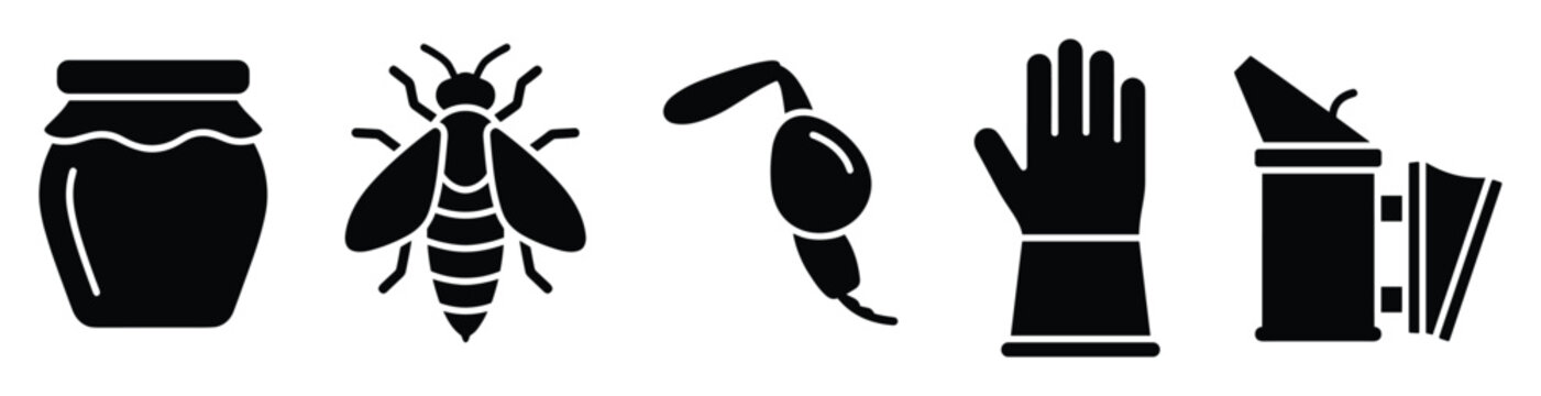 Set of beekeeping tools and products icons for agriculture and organic food applications