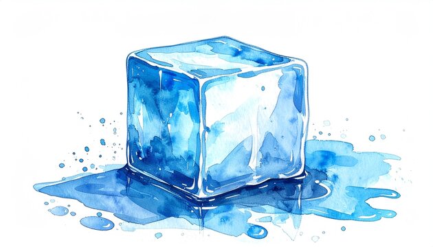 Minimalist watercolor cartoon illustration of a ice cube melting