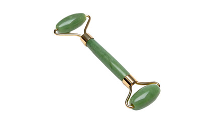 A green jade facial roller massage tool with a silver metallic frame handle isolated on transparent background cut out © 1png-stock