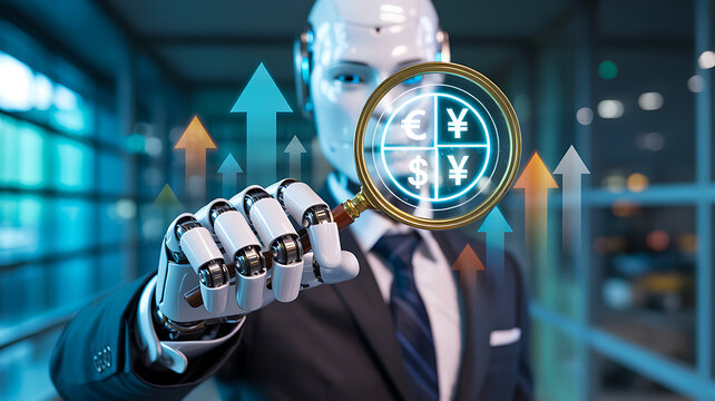 Humanoid robot holding open sign in cafe representing automated service retail business reopening and customer welcome concept