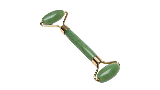 A green jade facial roller massage tool with a silver metallic frame handle isolated on transparent background cut out