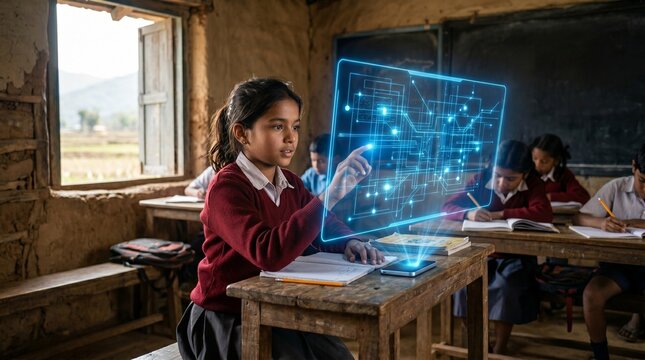 Young girl interacts with digital screen in rural classroom setting with peers