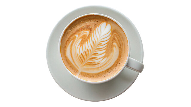 A round white porcelain ceramic cup of hot latte cappuccino coffee with foam art isolated on transparent background cut out