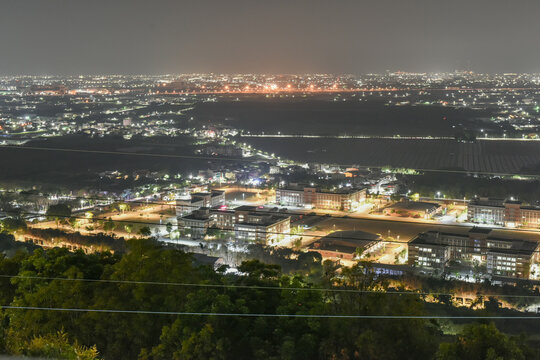Panoramic Night View Of Coastal Plains And Taiwan Strait From Chao-Feng Temple Observation Deck, Da Gangshan, Alian, Kaohsiung, Taiwan