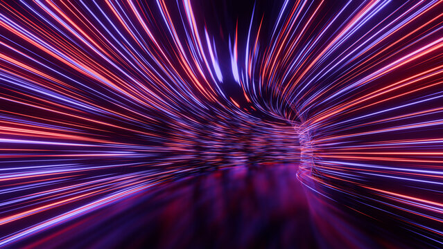 Abstract futuristic data tunnel background with fast moving red and purple neon light streaks. Cyberpunk high speed internet connection and time travel 3D rendering concept