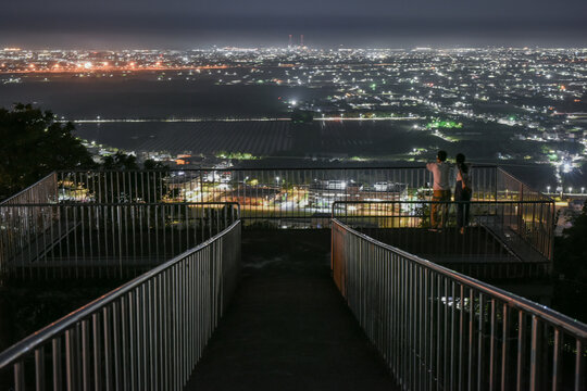 Panoramic Night View Of Coastal Plains And Taiwan Strait From Chao-Feng Temple Observation Deck, Da Gangshan, Alian, Kaohsiung, Taiwan