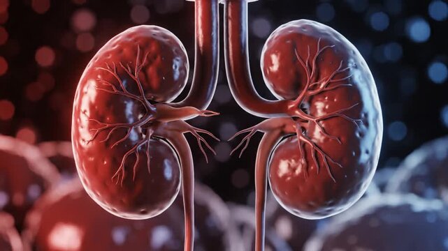 Ultra detailed 3D render realistic human kidneys floating gently in mid air cinematic medical visualization static camera anatomically accurate kidney structure detailed organic texture subtle vascula