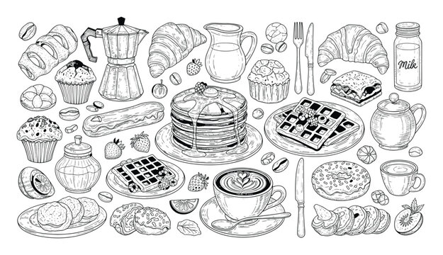 Set of breakfast food and coffee hand drawn graphic for menu and culinary projects