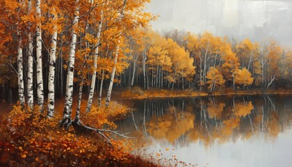 Fototapeta premium A professional palette knife oil painting of a serene birch tree forest in peak autumn foliage reflected in a calm lake.