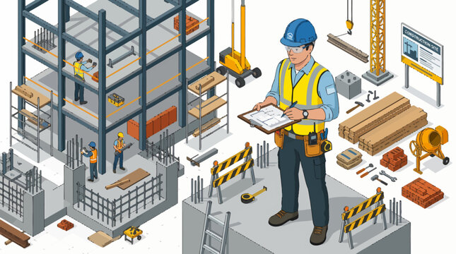 Construction site manager overseeing building project with various tools and materials.