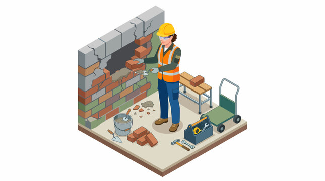 Female construction worker building a brick wall with tools.